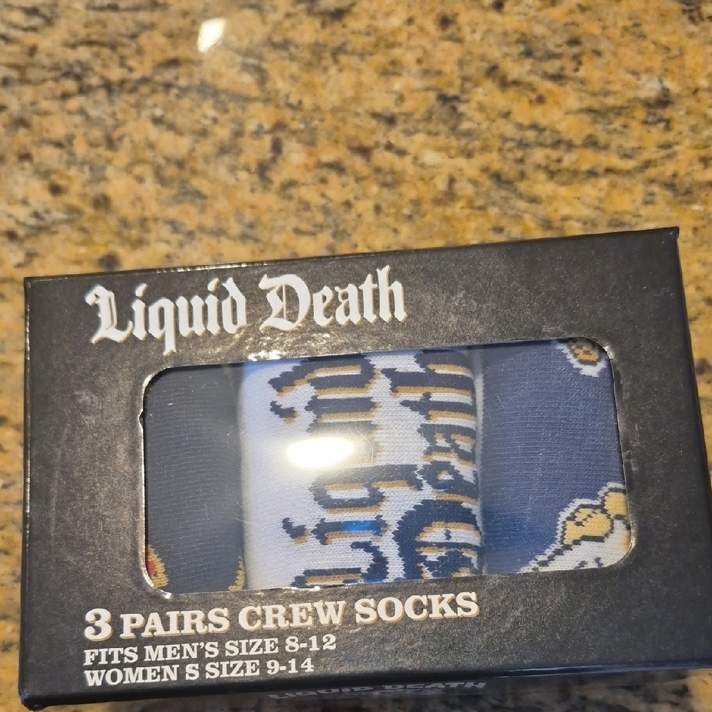 Liquid Death Blue Crew Socks. New In Sealed Box 3 Pairs Mens 8-12 Womens 9-14.